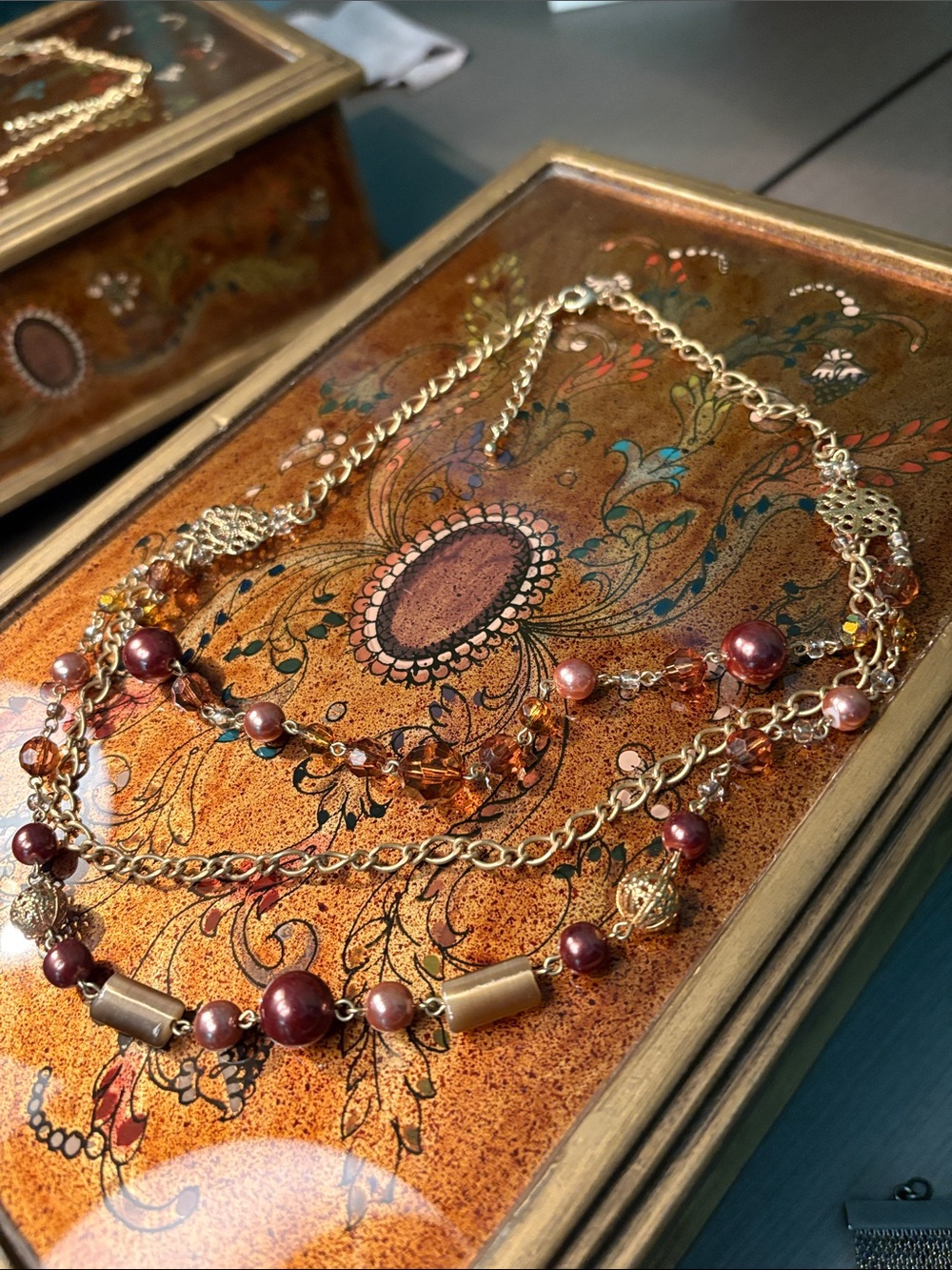 Gold-Tone Layered Necklace with Burgundy and Rose Pearl Beads